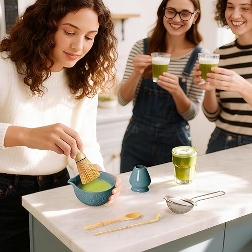 Miniatura 2 de Juego de té de batidor matcha kit de matcha japonés  Cuenco de cerámica de bambú con soporte para cuchara medidora, cuchara medidora, práctica
