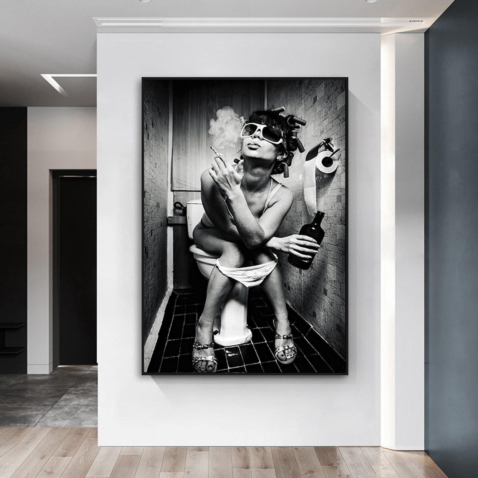 Amazon｜トイレのキャンバスの絵画で喫煙している女性黒と白の壁アート