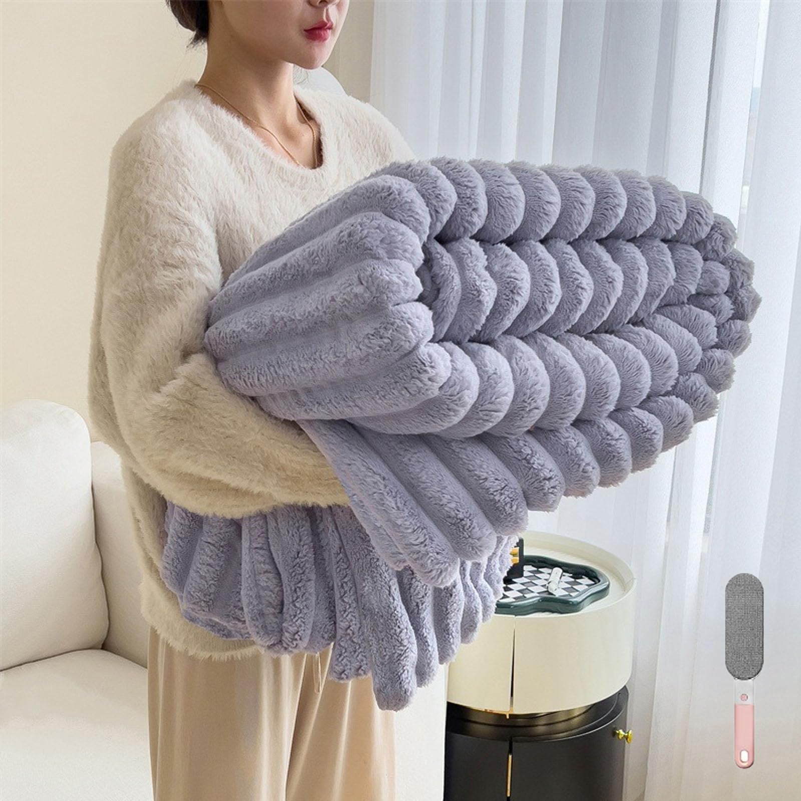 Popular Thickened Rabbit Plush Nap Blanket, Flannel Milk Velvet Cover Blankets, Thick Fluffy Blanket for Adults, Double Sided Super Soft Fleece Throw, Winter (Purple, 78.7 * 90.5in)