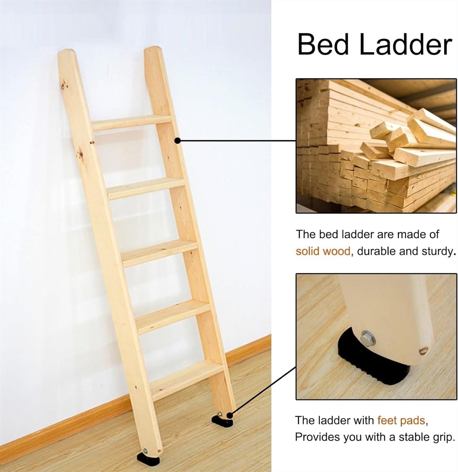 Hochbettleiter aus Massivholz mit Haken und rutschfesten Füßen – Robuste Leiter für Etagenbetten (150 cm) – Multifunktionale Kletterstufen für Kinder und Erwachsene – Stabil und SI