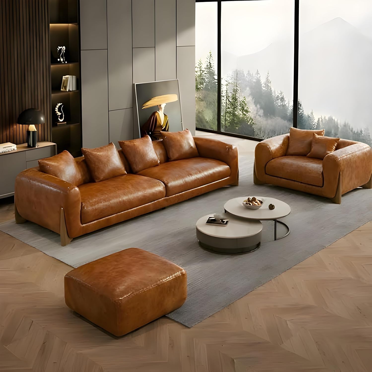 Premium Wooden Base Curved Cushioned for Living Room, Office | Soft and Bouncy Comfortable Sofa for Home, Hall & Lounge (Brown Leather) | Modern Curved Design-image-10