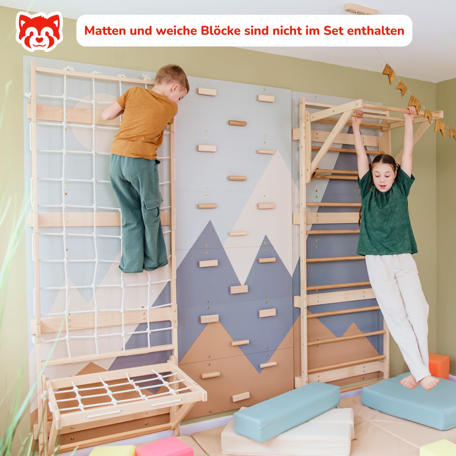 Wood And Hearts Sprossenwand, Klettergriffe, Kletterwand kinderzimmer, Klettern, Indoor Spielplatz, Klettersteine, Baby Klettern Indoor, Spielplatz (Kletterwand-Gym + Sit-Up-Stange)