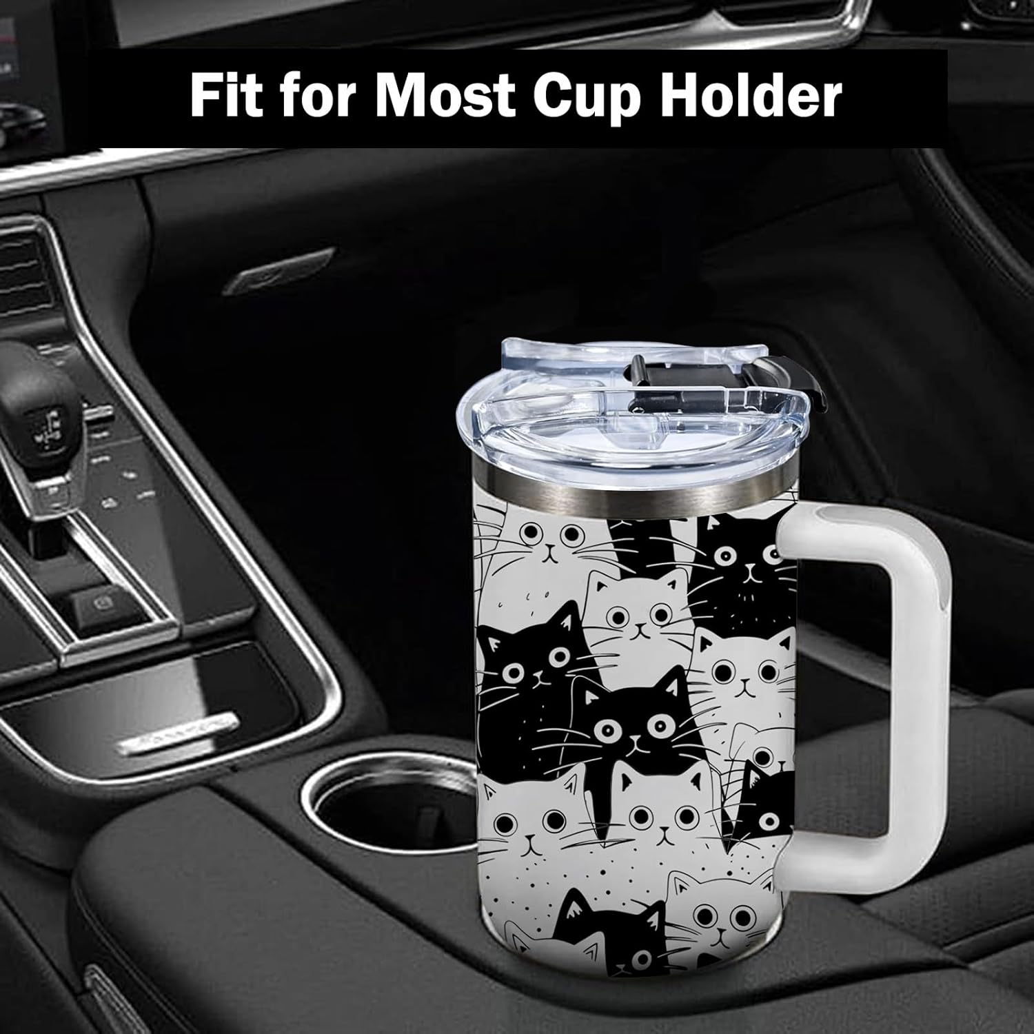 Cat Lover Gifts, Gift for Cats Lovers Women Men Girls Funny 40oz Black Cats Themed Tumbler Cups with Handle - Everything Is Fine Mug, Christmas Birthday Gift for Black Cat Mom Lady Gifts Cup - Image 5