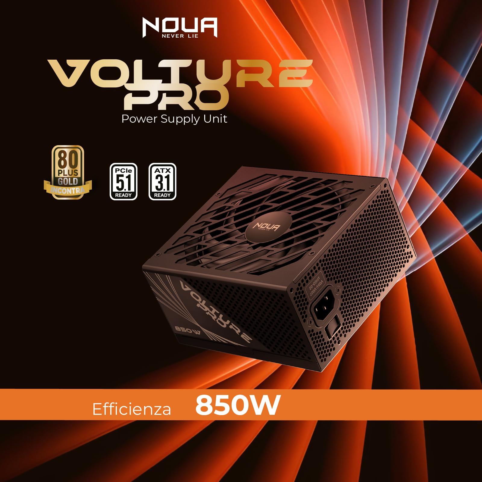 Noua Volture Pro 850 W W pełni modułowy zasilacz do komputera do gier 850 W, 80 Plus Gold, kompatybilny z ATX 3.1 i PCIe 5.1, cichy wentylator 120 mm, aktywny PFC