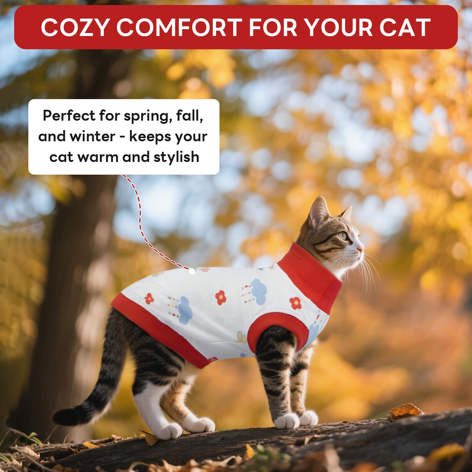HjyHjyokuso Vestito Gatto in Cotone - Senza Maniche, Collo Alto, Respirante, Per Gatti Sensibili - Aiuta a Controllare la Perdita di Pelo e Calma l'Ansia - Rosso, L