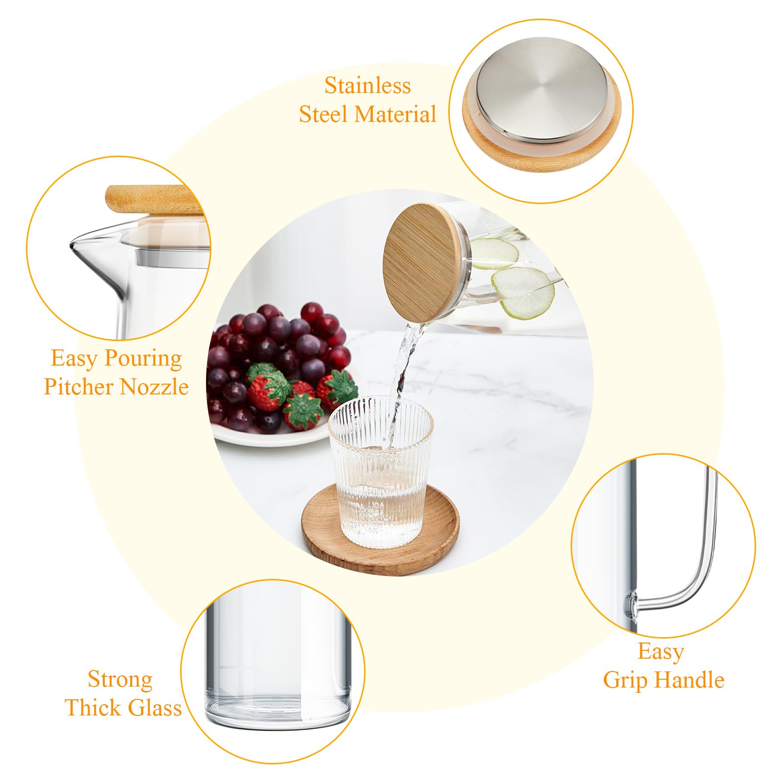 Hsei Set di 2 brocche in vetro con coperchio, 2000 ml, caraffa per acqua calda e fredda, brocca in vetro per tè, succo, latte, caffè, bevande ghiacciate (2 l)