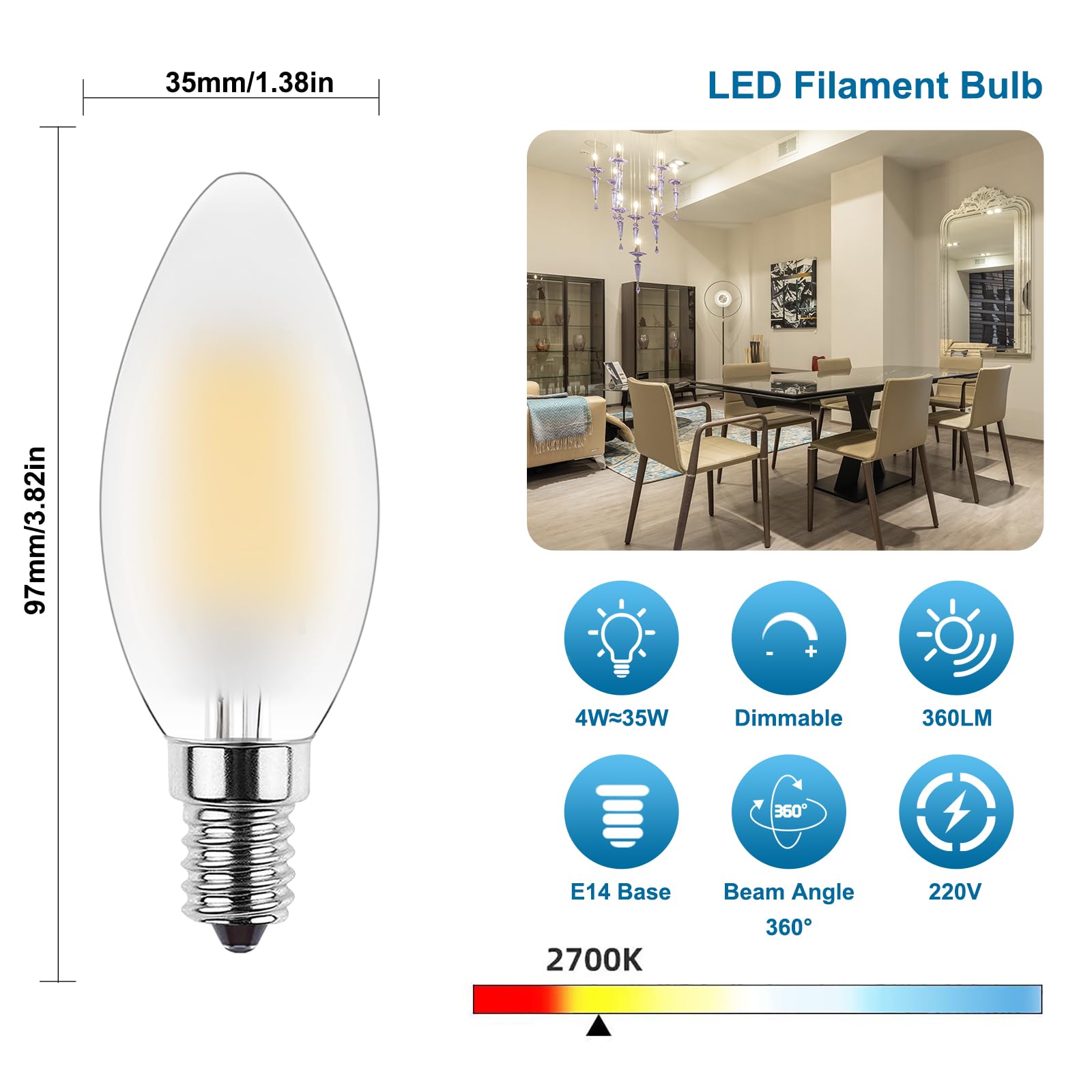 ProCrus E14 Dimmable Vintage LED Light Bulb,4W LED Candle Light Bulbs,2700K Warm White,Small Edison Screw Candelabra SES LED Bulb,Replaces 35 Watt,for Chandelier,Frosted,Pack of 6 - Image 2