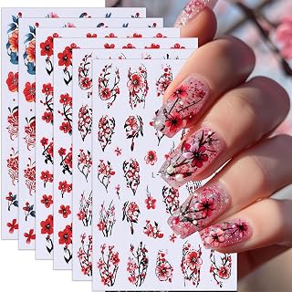 Flower Nail Stickers Red Floral Nail Decals 6PCS 3D Self-Adhesive Red Flowers Stickers for Nail Art Design Glitter Spring Nail Art Supplies Flower Nail Art Stickers for Women DIY Nail Art Decorations