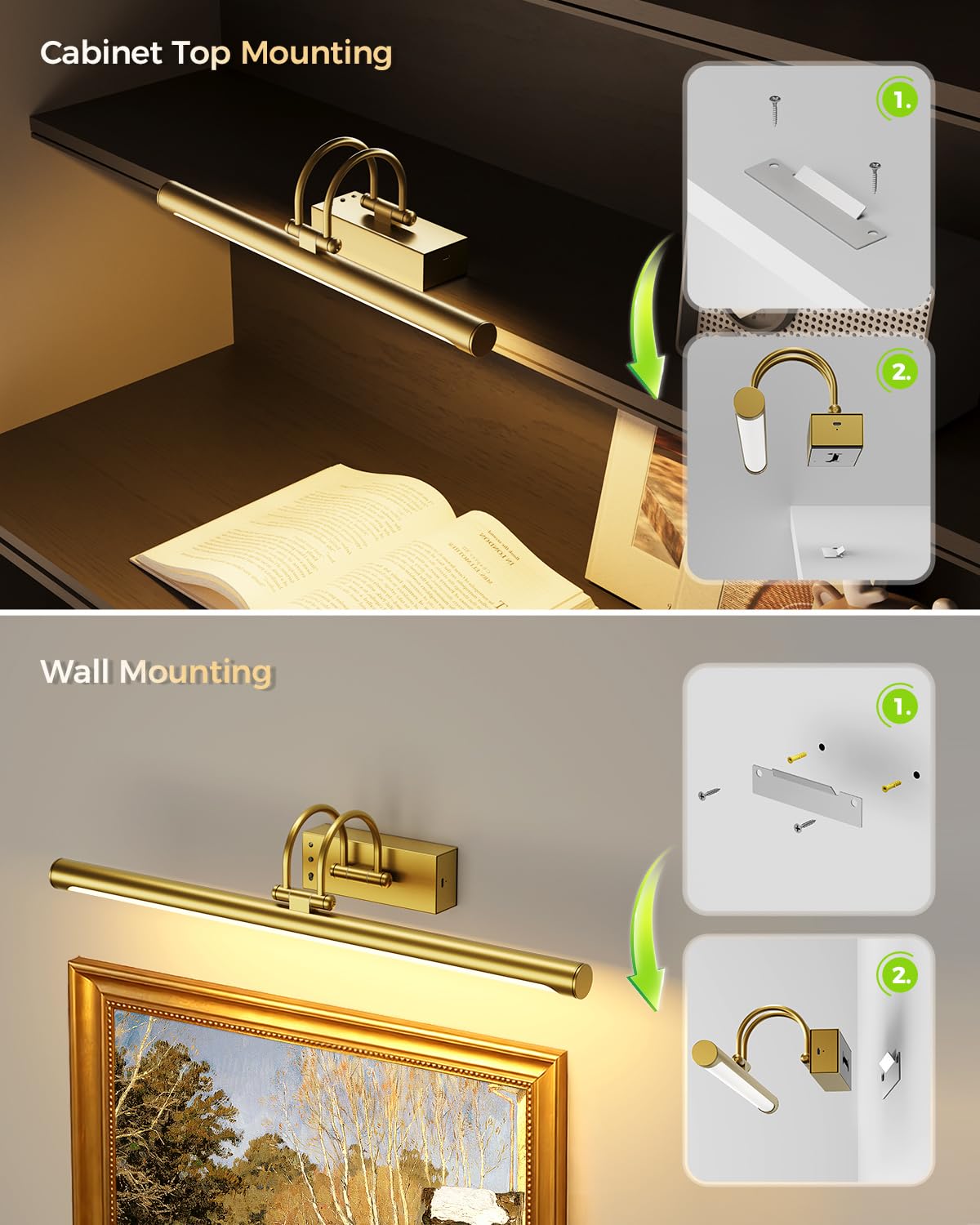 Lampada da parete ricaricabile wireless da 23,6 ″ con telecomando, grande lampada da parete a batteria per dipinti e arte, lampada da galleria a LED dimmerabile con timer, design in metallo regolabile