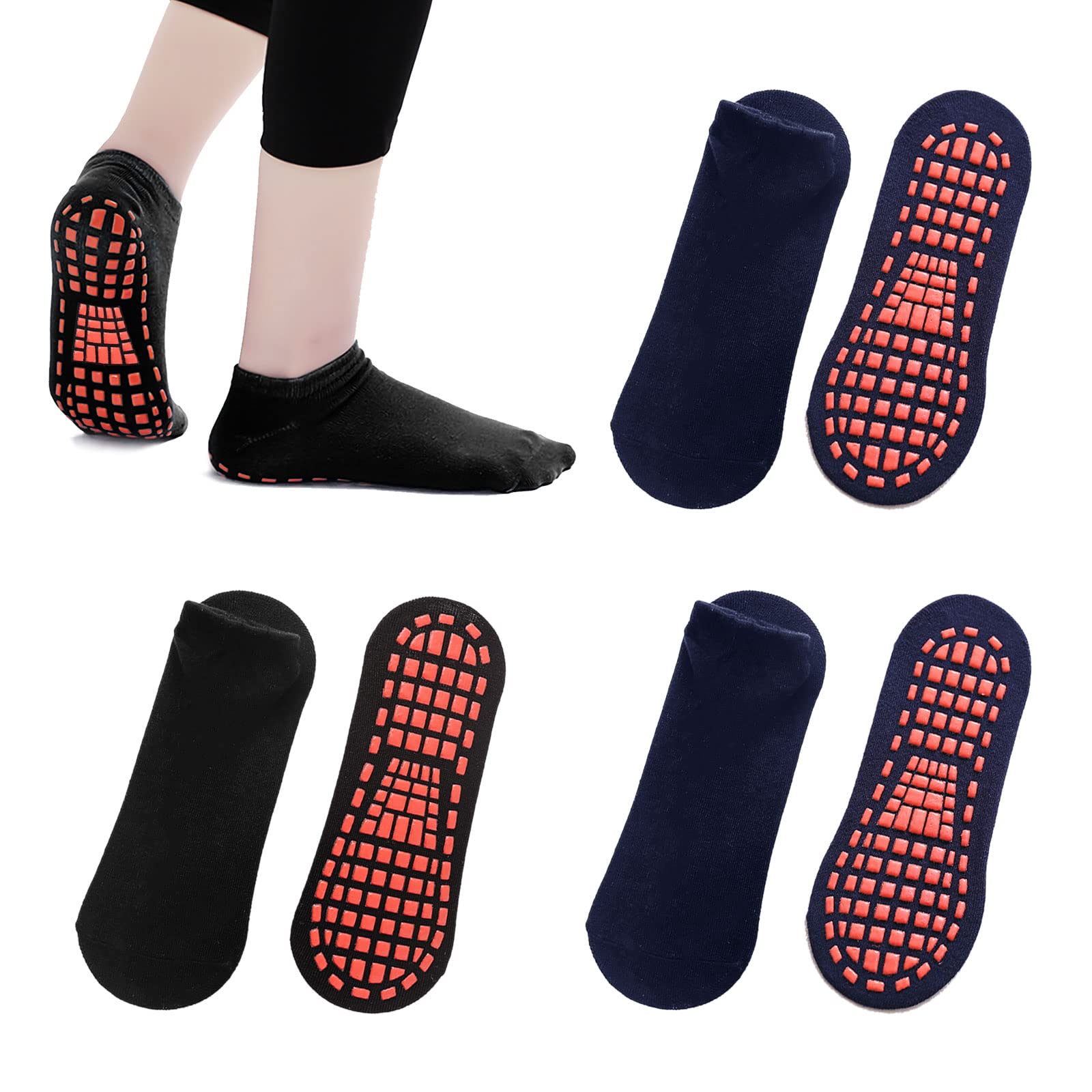 TSHAOUN 4 Pairs Non Slip Yoga Pilates Socks,Yoga Socks for Women&Men with Grips, grip socks for Yoga Home Workout Barre Pilates Ballet (black and navy)