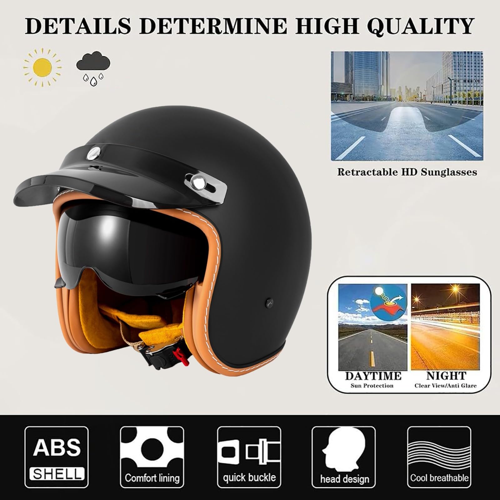 Kask motocyklowy w stylu vintage, otwarty kask motocyklowy z wizjerem, kask na skuter, cruiser, motorower, homologację ECE 22.05.