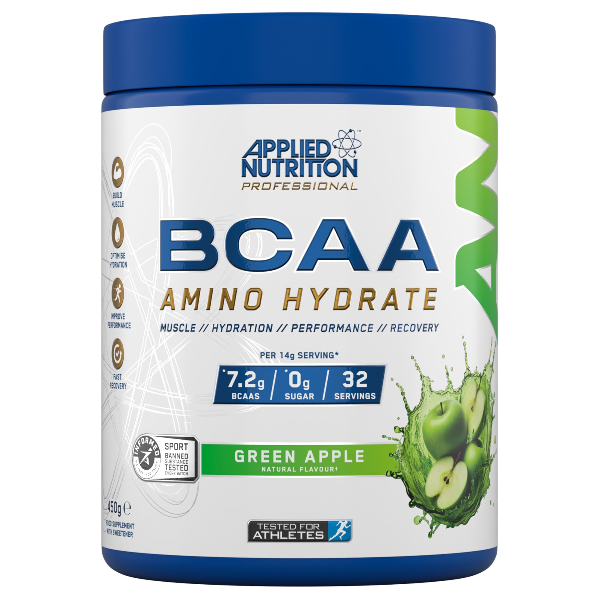 Applied Nutrition BCAA Powder Branched Chain Amino Acids Supplement with Vitamin B6, Replenish Electrolytes, Amino Hydrate Intra Workout and Recovery Powdered Energy Drink 450g (Green Apple)