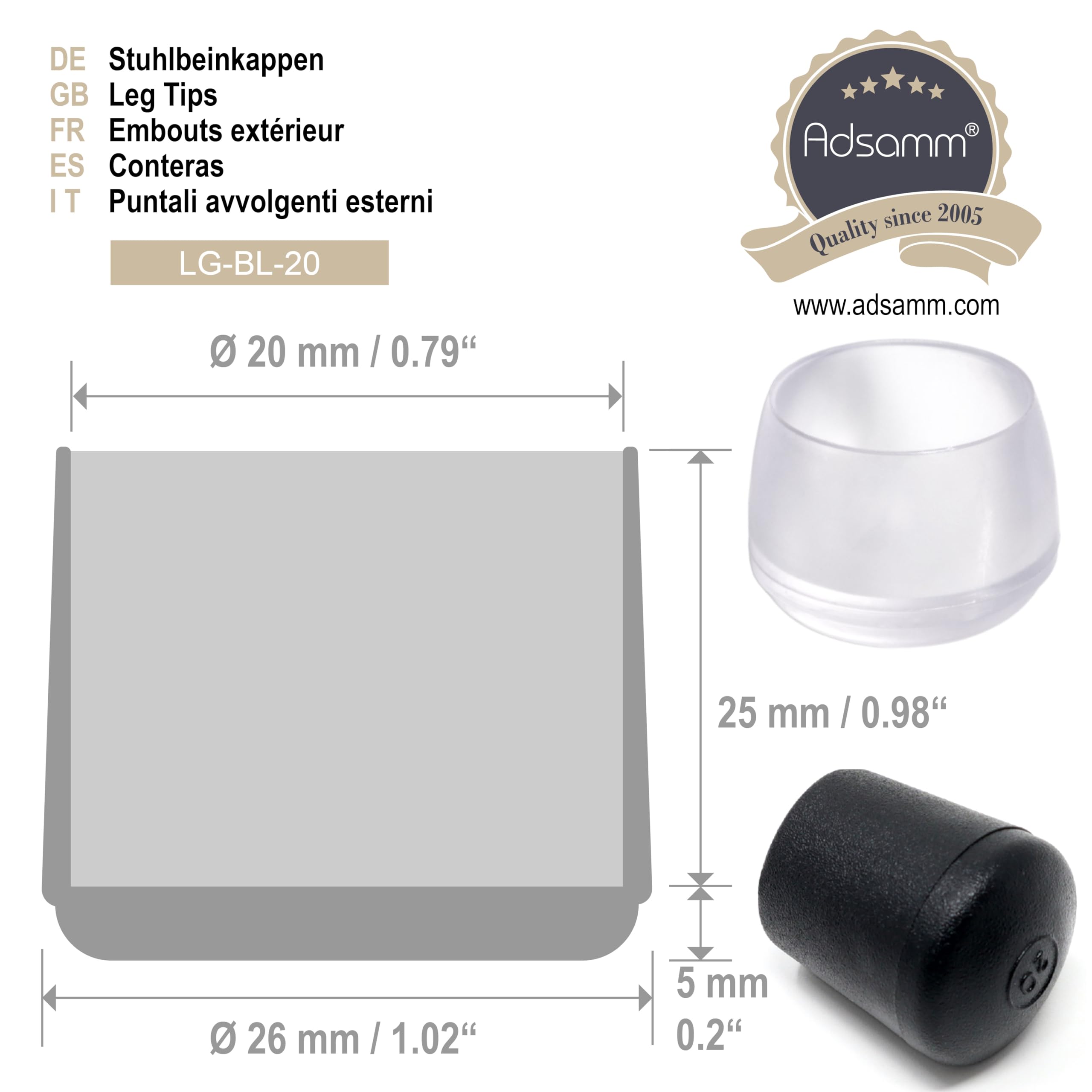Adsamm® / 100 x Tapas para Patas de Silla/Negro/diámetro 19 – 20 mm/Redondo/Tapas Protectoras para Patas de Silla/Tapas de Tubo para Patas Redondas de sillón