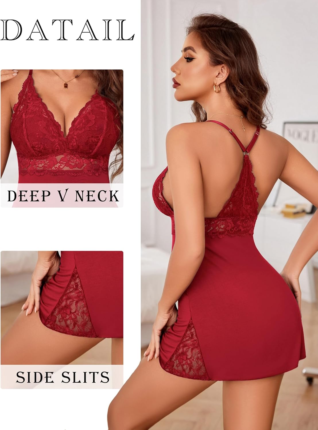 Avidlove Women's Lingerie Sexy Lace Nightgown V Neck Sleepwear Soft Babydoll Chemise - Image 2