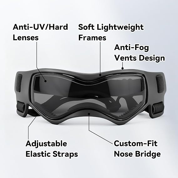 Dog Goggles Small Breed, Small Dog Sunglasses with UV Protection, Outdoor Pet Eyewear for Riding Biking Hiking, Adjustable Straps, Black S