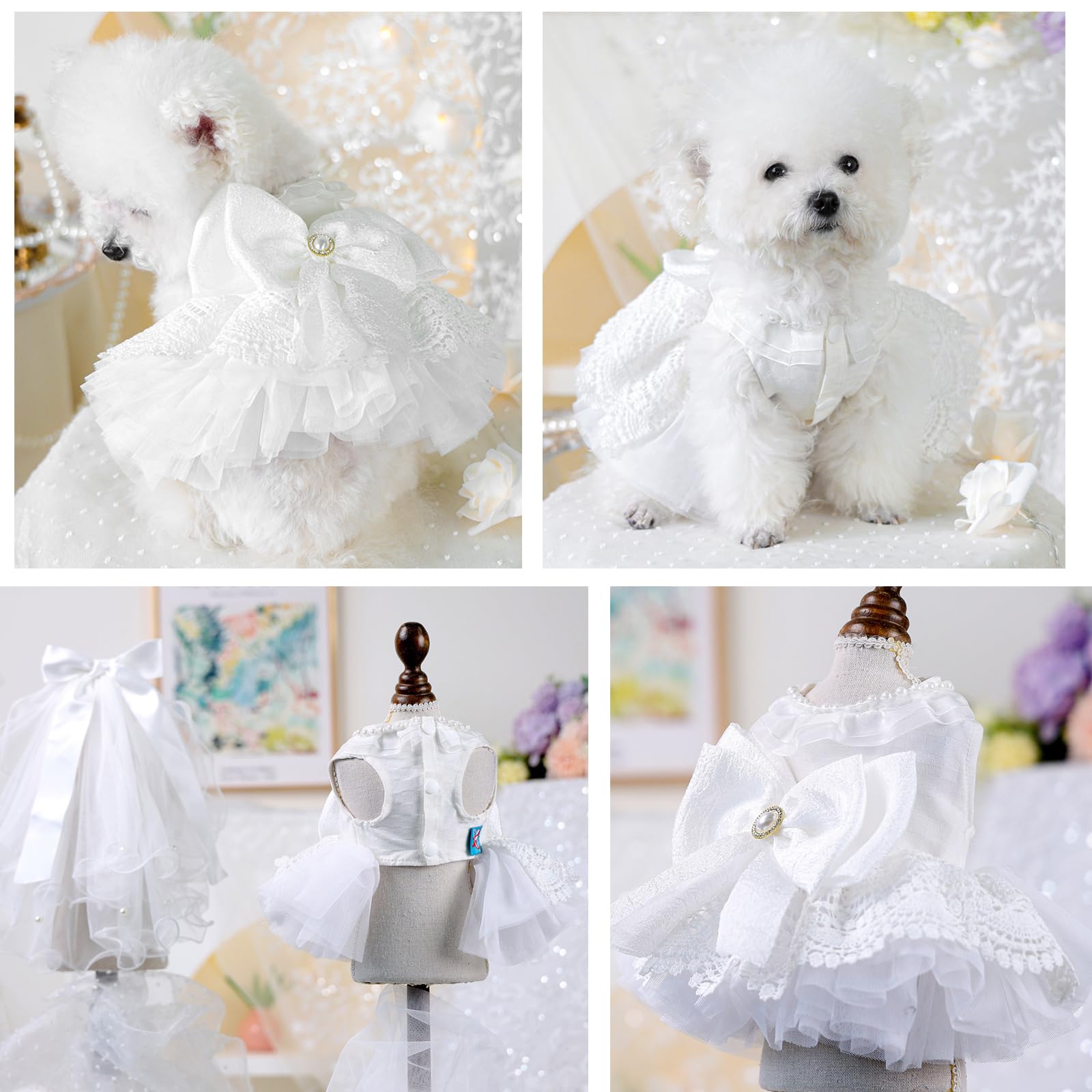 Hochzeitskleid für Hunde mit Kopfbedeckungen, luxuriöses Spitzenkostüm für Hunde, Partybekleidung für kleine Haustiere, Schleifenkleid, Größe XS