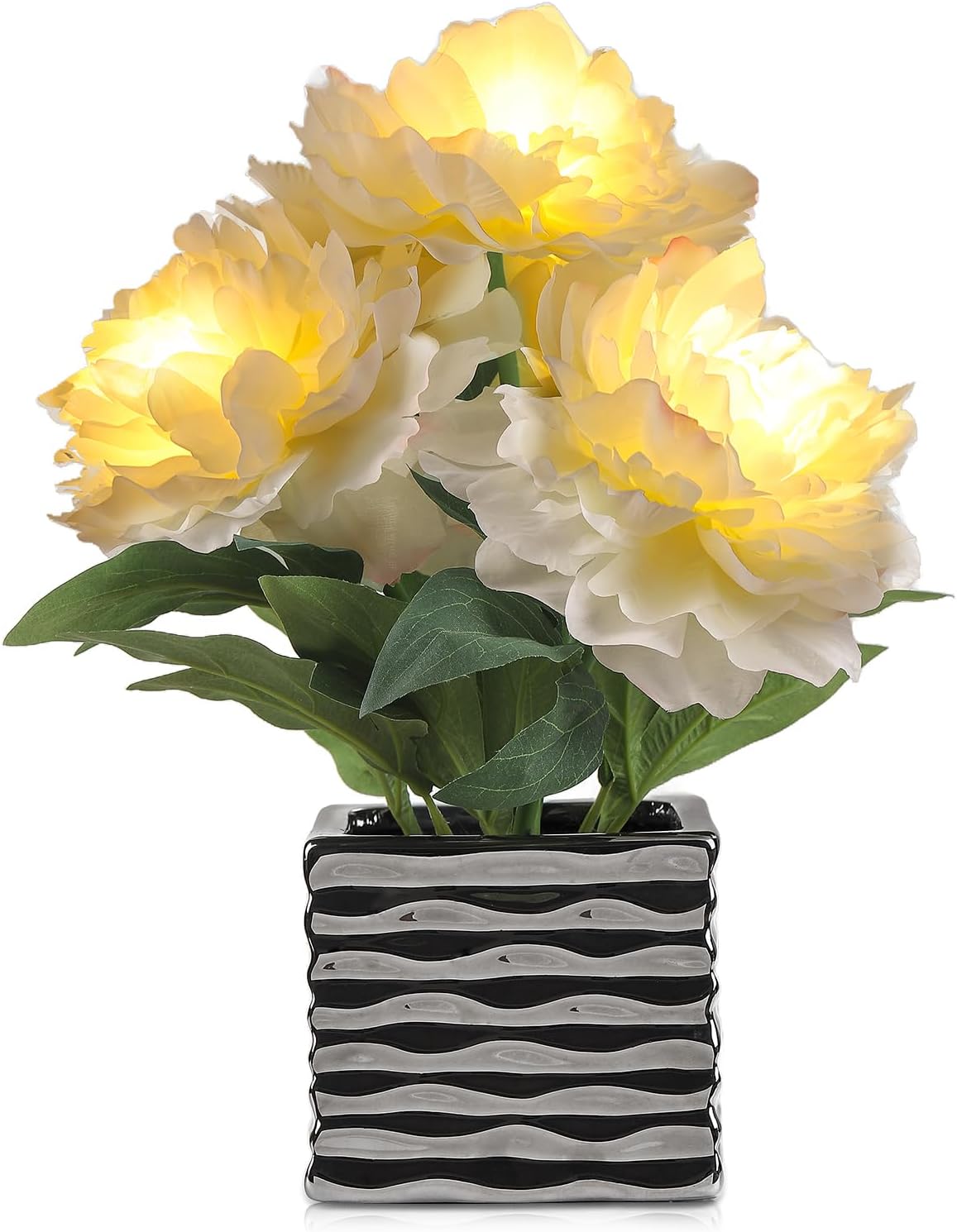 Artificial Peony Silk Flower Centerpieces in Pot with Light, Faux Flowers Peonies for Centerpiece Table Home Decor Bathroom Decor & Wedding Decoration