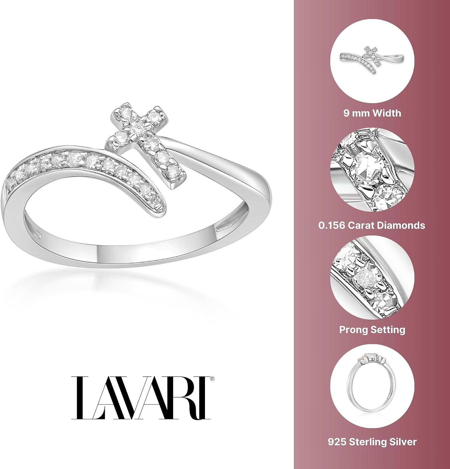 Lavari Jewelers 1/6 Carat Natural Diamond Christian Faith Cross Purity Ring for Women I 925 Sterling Silver (H-I, I2-I3, 0.16 cttw) Wedding Ring for Her I Engagement Anniversary Band Size 5 to 9