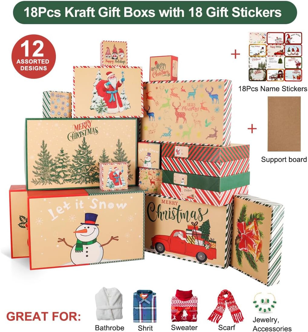 Giiffu 18 Kraft Christmas Gift Boxes with Lids, 12 Designs & 4 Sizes with Gift Stickers, Assorted Size Decorative Holiday Gift Boxes for Wrapping Robes, Sweater, Shirt, Clothes, Xmas Present(Brown)
