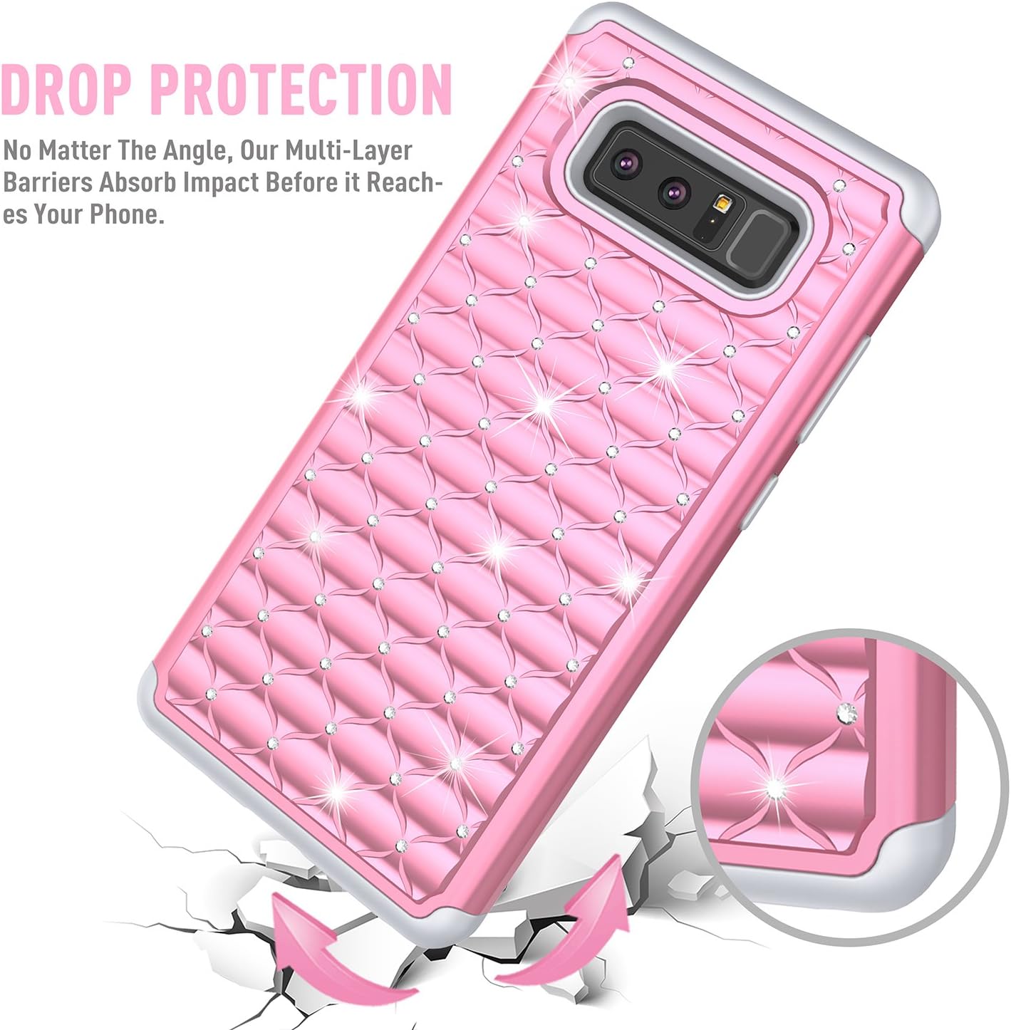 Galaxy Note 8 Case, TILL Studded Rhinestone Crystal Bling Diamond Sparkly Luxury Shock Absorbing Hybrid Defender Rugged Slim Glitter Cute Samsung Galaxy Note 8 Case Cover for Girls Women [Pink]