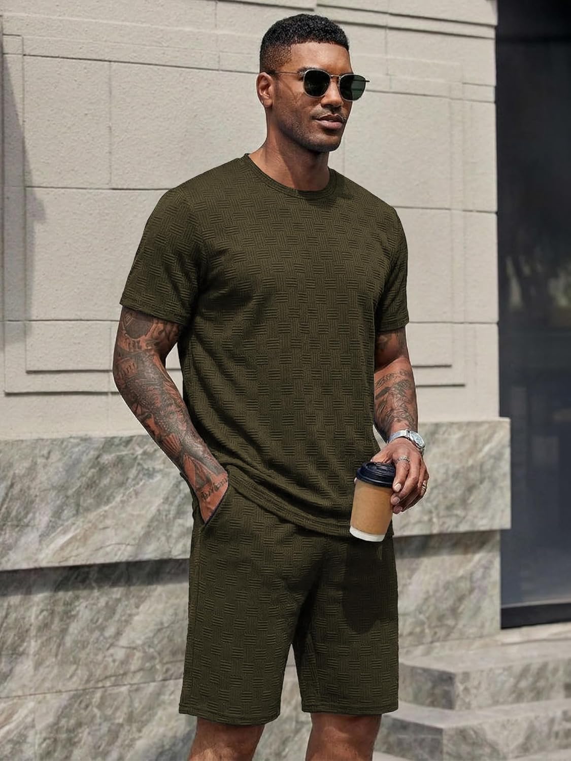 YTD Men's 2 Pieces Outfits Casual Jacquard Textured T Shirts and Shorts Sets Fashion Summer Tracksuits with Pockets - Image 2