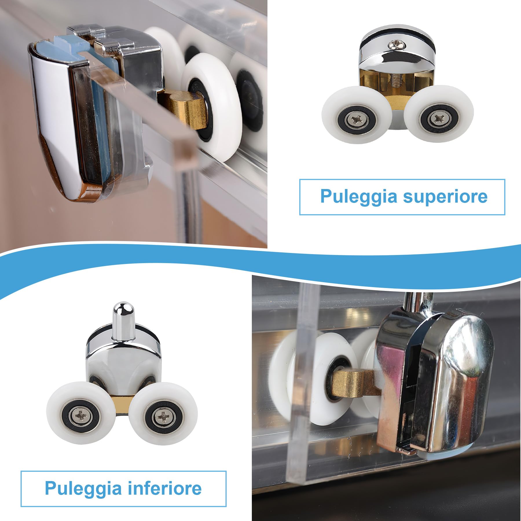 4 Set Rulli per Porta Doccia Ø25 mm, Rotelle per Box Doccia in Vetro 4–6 mm, Cuscinetti Silenziosi e Resistenti, Kit per Porta Scorrevole (2 Rulli Superiori e 2 Inferiori) - 3