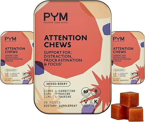 PYM Attention - Masticables de apoyo para procrastinación, concentración y productividad, 60 unidades  518 mg de L-carnitina, 54 mg de tirosina, 11