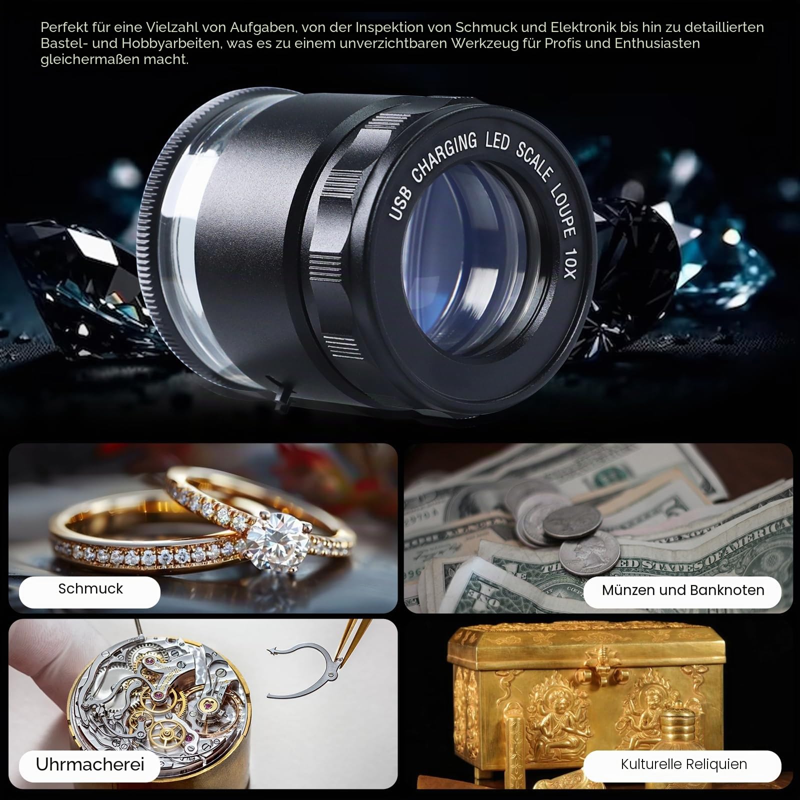 10 x wiederaufladbare Juwelierlupe mit LED-Lichtern und 3 Fadenkreuzskalen, 25 mm Sichtfeld, Verstellbarer Fokus, Augenlupe, LED-Skala, Lupe für Edelsteine, Münzen, Uhren, Briefmarken, Pflanzen