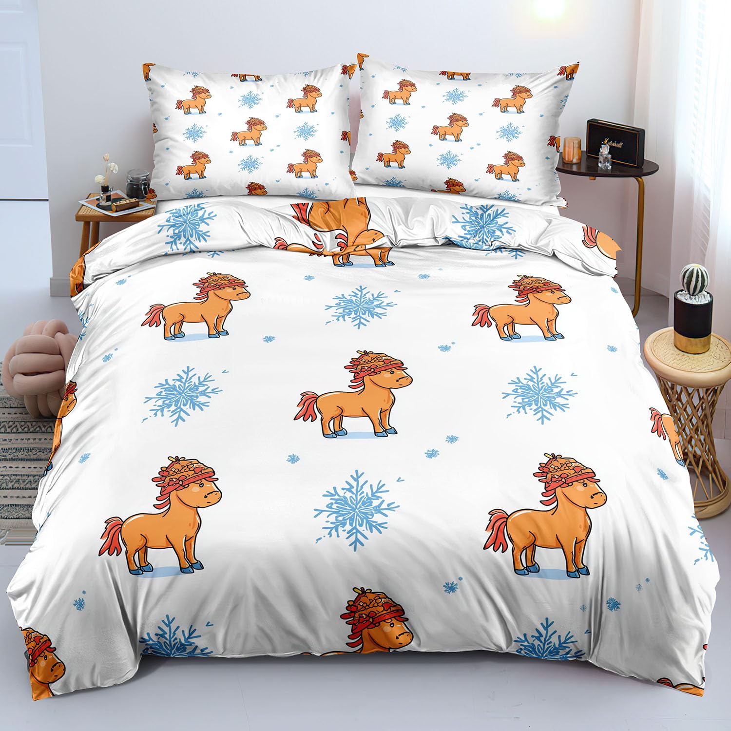 Parure de lit réversible double face motifs flocons et chevaux bleu blanc