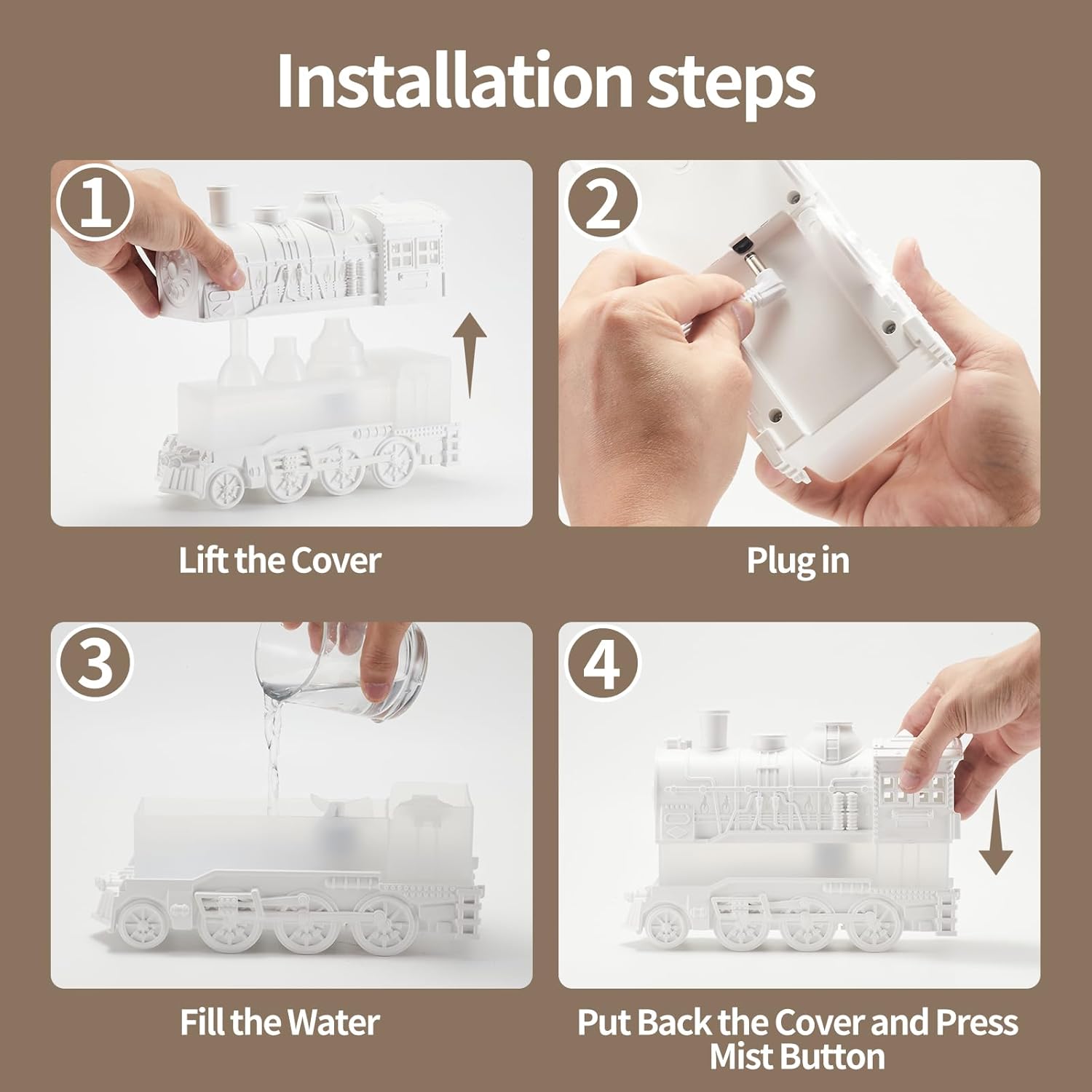 Humidifiers for Bedroom, Cool Quiet Steam Train Looking Mist Air Humidifier Diffuser for Home Baby Nursery & Plants and Auto Shut-off. (White)