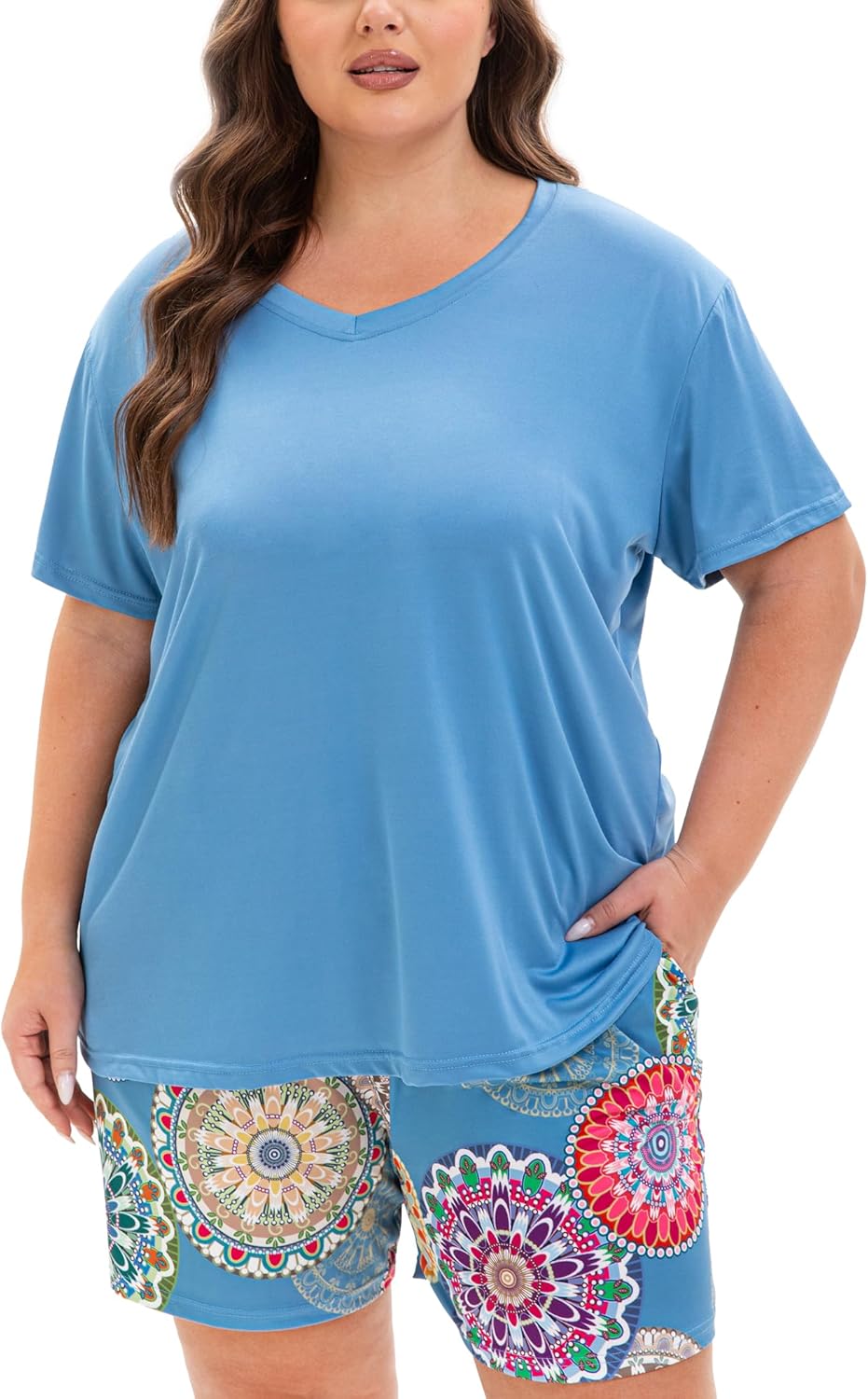 MUKVIK Plus Size Pajamas for Women Set, 2 Piece Womens Plus Size Short Sleeve V Neck Top and Shorts Pajama Sets with Pockets