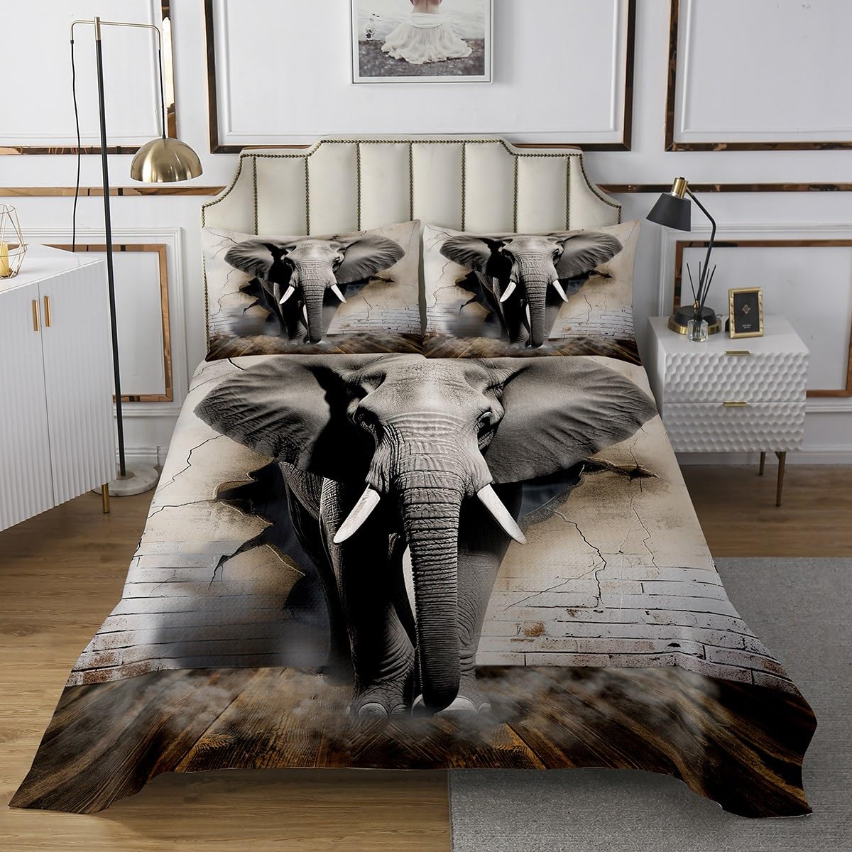 3D Elephant Bedspread Queen Size Brown Brick Wall Backdrop Coverlet Set for Kids Child, Wild Safari Theme Quilted Western Animals Bedspread Quilt Set African Wildlife Bedroom Decor