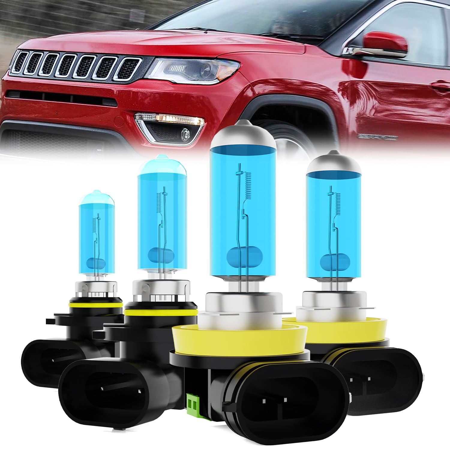 Headlight Bulbs Fit For Jeep Compass 2014-2018, 9005 High Beam + H11 Low Beam Halogen Bulb, 6000K White Light, Plug and Play, Pack of 4