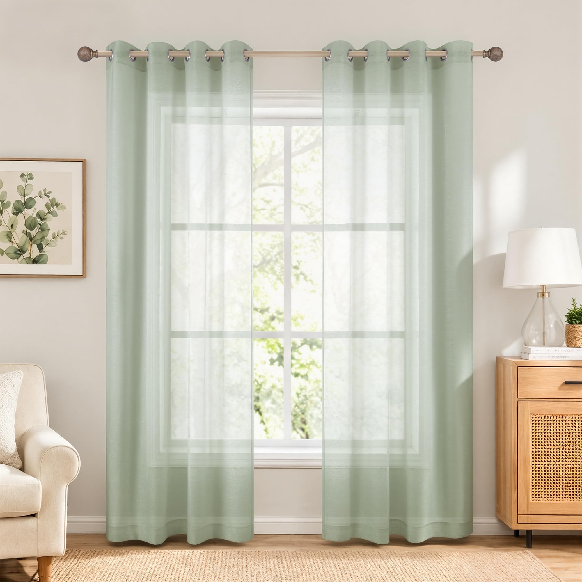 KOUFALL Sage Green Curtains 84 Inches Long,Sheer Grommet Pale Light Green Neutral Boho Curtains for Bedroom 2 Panels Set 84 Inch Length — image 1