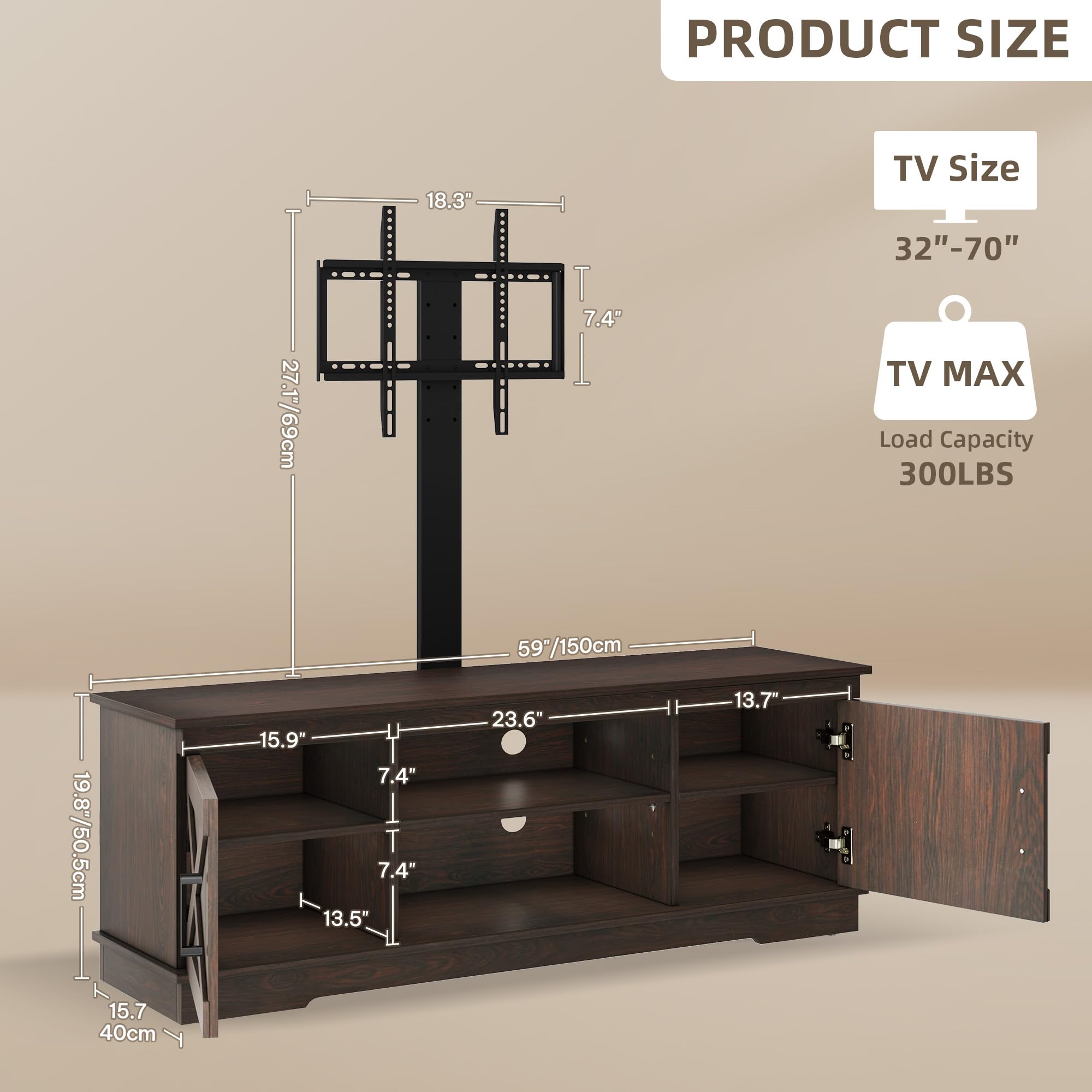 YITAHOME Farmhouse TV Stand with Mount, Sturdy TV Stand Mount for 32/45/55/60/65/70 inch TVs, Entertainment Center with Adjustable Shelf, TV Cabinet Media Console for Living Room, Espresso