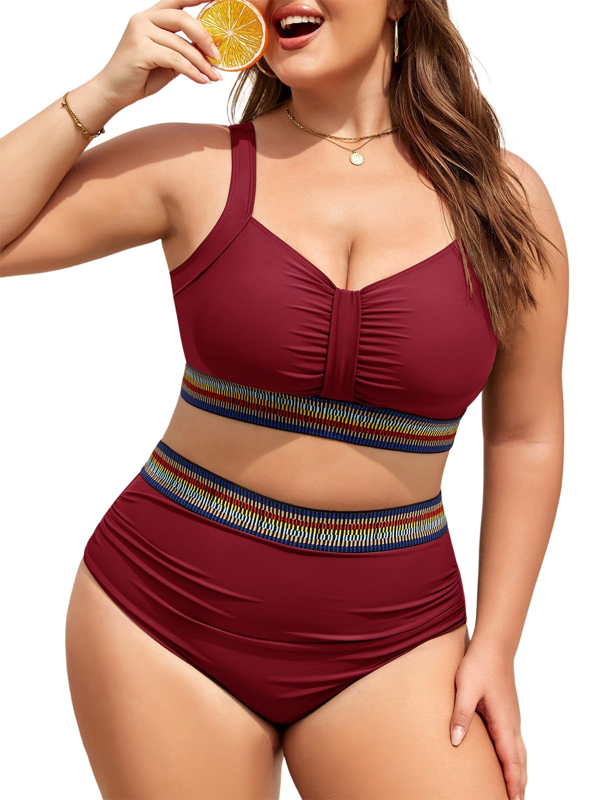 Conjunto de Bikini Mujer Talla Grande Cintura Alta con Diseño Cruzado en Pecho, Aro Extraíble, Tirantes Ajustables y Detalles de Cintas Coloridas, Control de Barriga