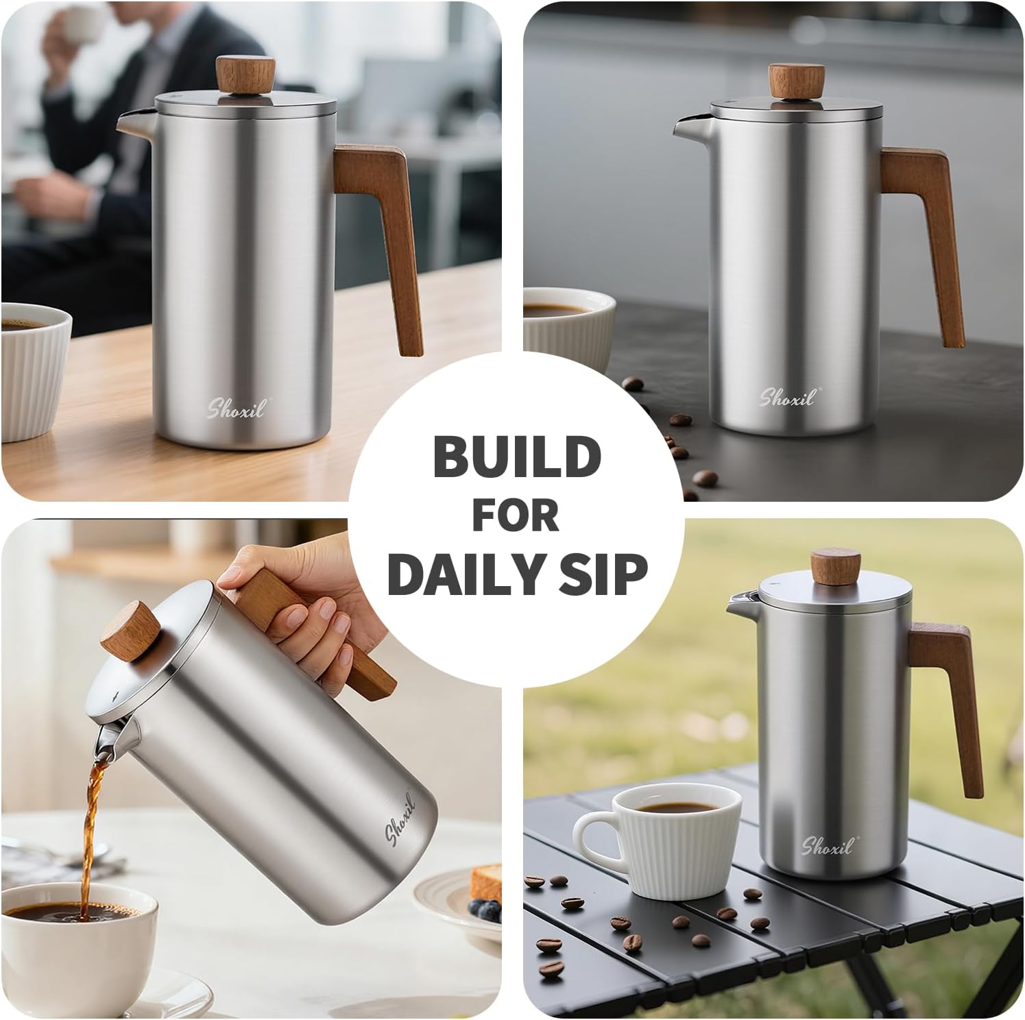 French Press Coffee Maker, 34oz Stainless Steel Coffee Press Real Wood Handle, Double Wall Insulated French Coffee Press with Dual-Filter Screen, Perfect for Camping & Kitchen Use