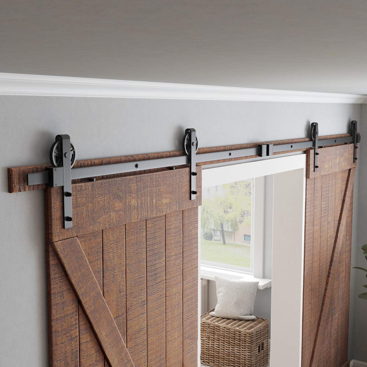 SMARTSTANDARD 12ft Sliding Double Barn Door Hardware Kit-Smoothly and Quietly-Heavy Duty Industrial Design-Includes Step-by-Step Installation Instruction Fit 36" Wide Door Panel(Bigwheel Hanger)