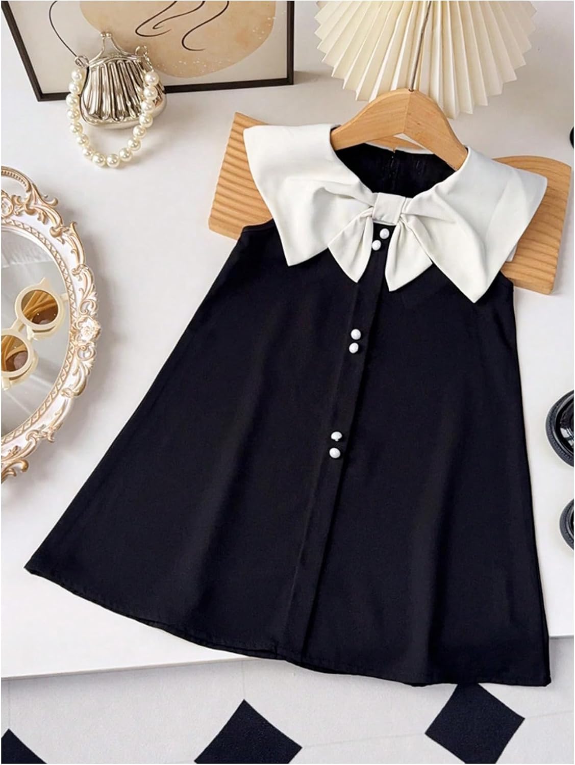 GORGLITTER Girl's Bow Collared Short Dresses Cute Sleeveless Pearl Princess Summer Casual Party Flowy Skater Tank Dress