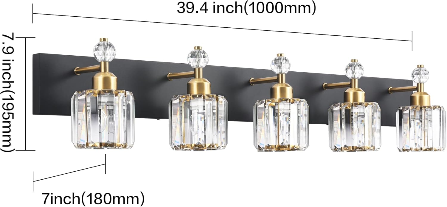 PRESDE 5-Light Crystal Bathroom Vanity Light, Modern Black and Gold Wall Sconce ， Wall Lamp for Over Mirror Bedroom Hallway