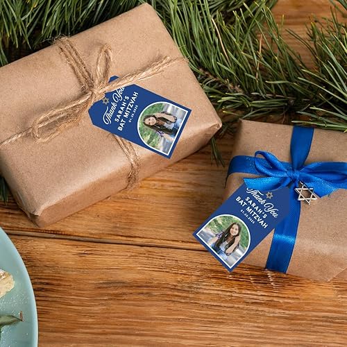 Miniatura 4 de Andaz Press Paquete de 60 etiquetas personalizadas para recuerdo de mitzvá de barramurciélago con cuerda, etiquetas clásicas de regalo de