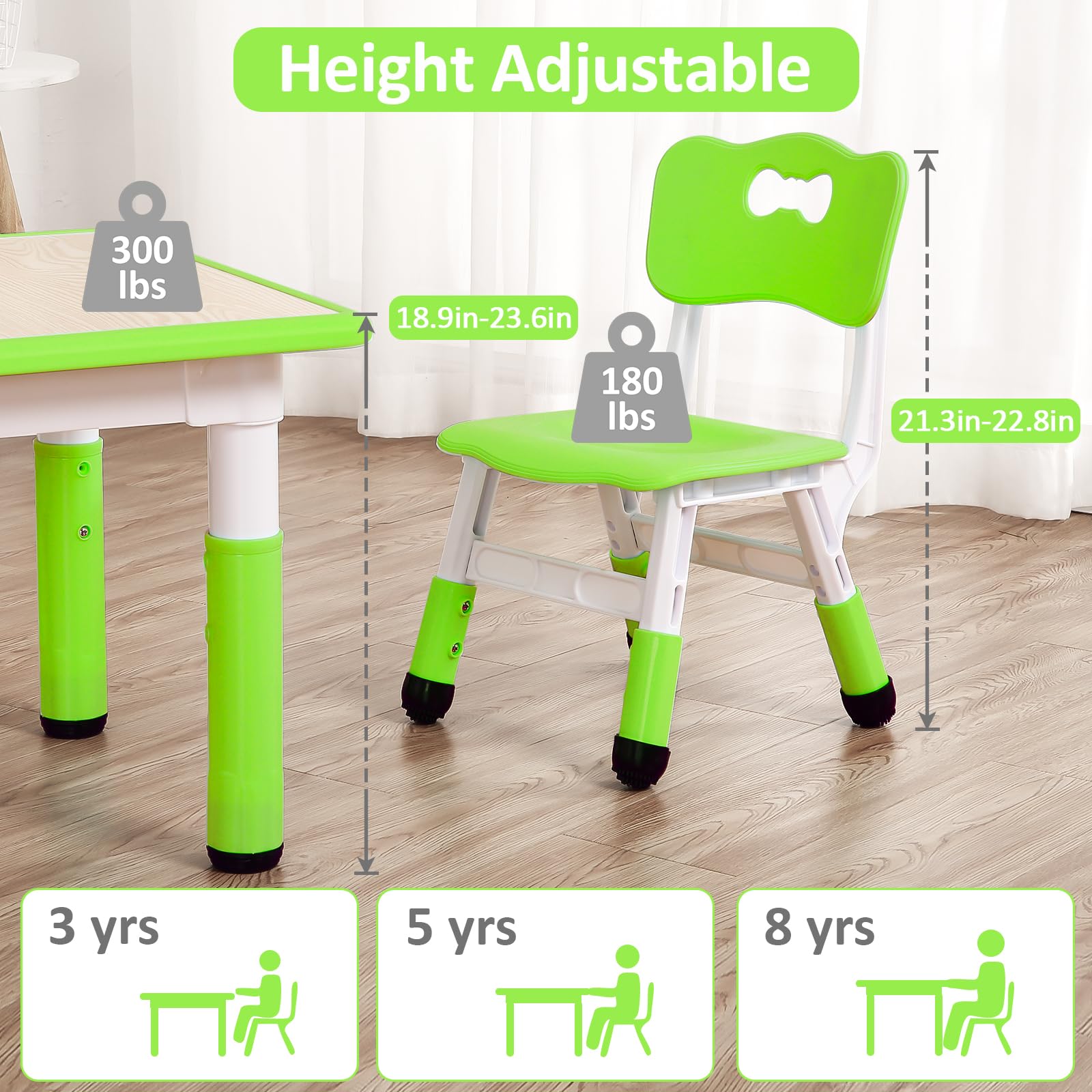 Kids Table and Chairs Set, Height Adjustable Desk with 4 Seats for Ages 2-10,Arts & Crafts Table,Graffiti Desktop, Non-Slip Legs, Max 300lbs, Children Multi-Activity Table for Classrooms,Daycares,Home