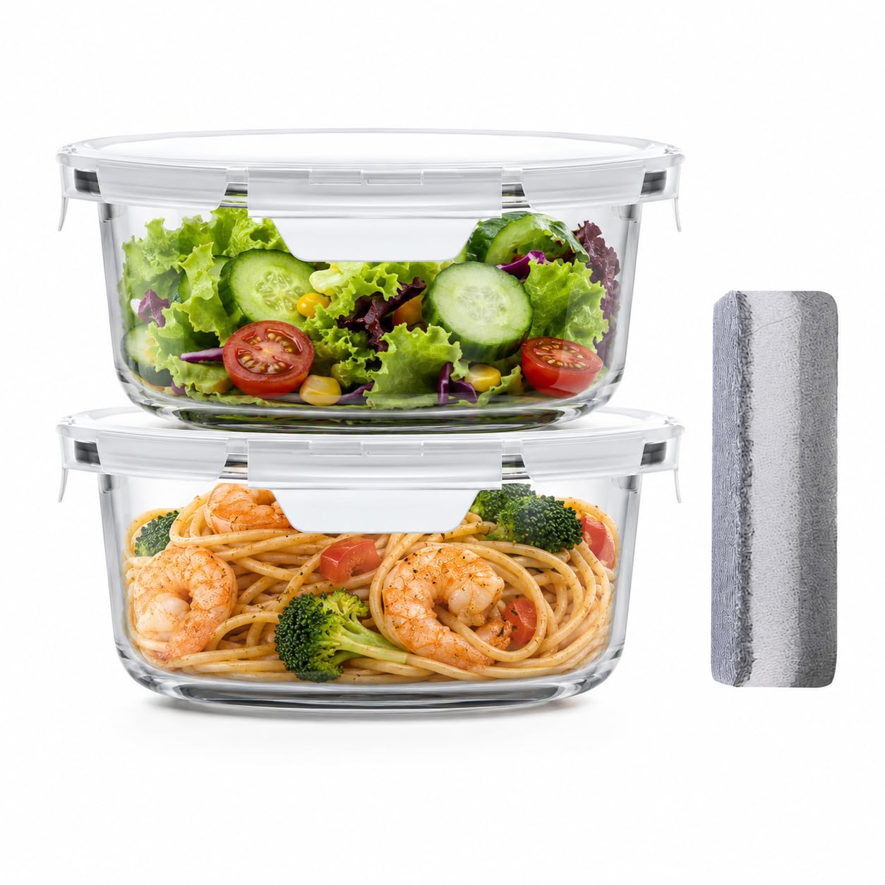 Bstask Glass Food Containers with Lids 2 Pack 660ml Round Snack Salad Dessert Storage Airtight Freezer Safe