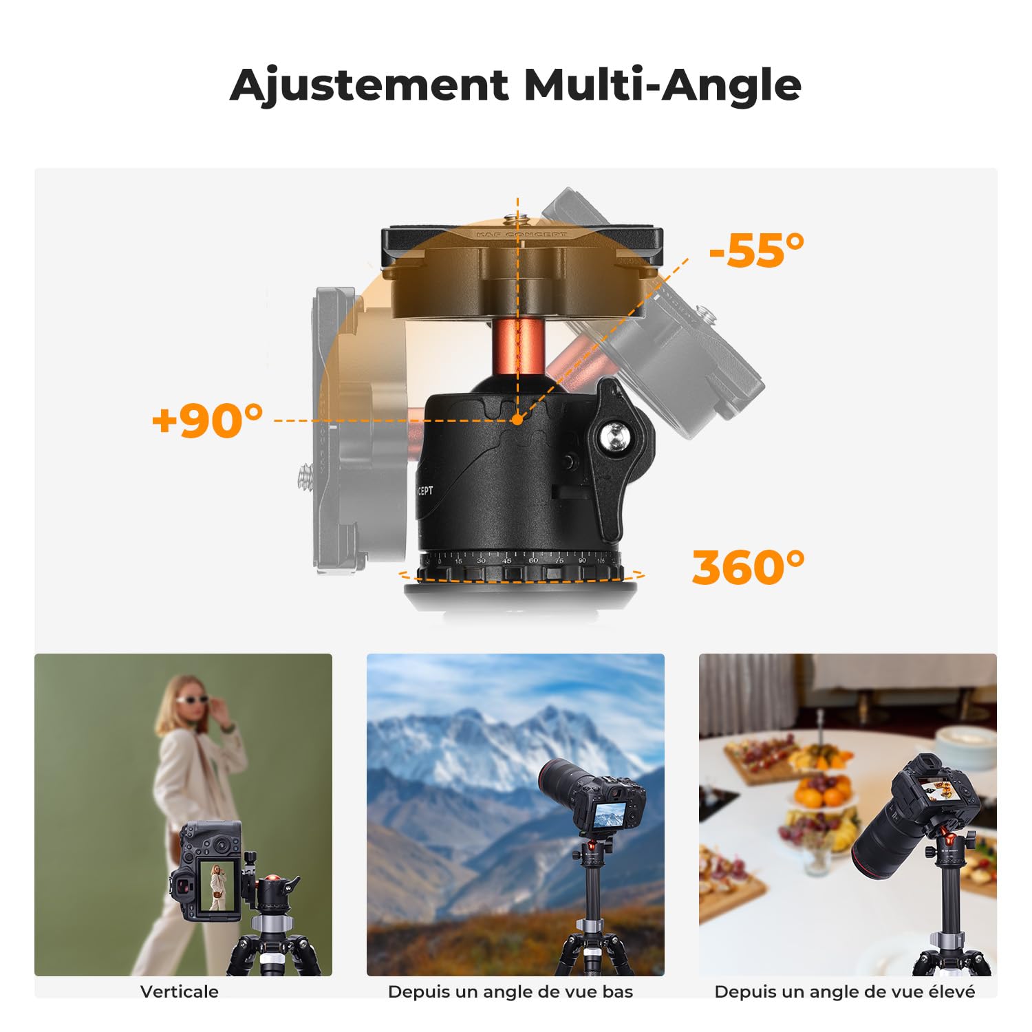 K&F Concept Rotule Ball Tête vis 3/8" en Aluminium Ball Head Adaptateur 360° Rotatif avec Plaque Rapide de Vis 1/4" pour Trépied et Caméra Charge Max 10KG