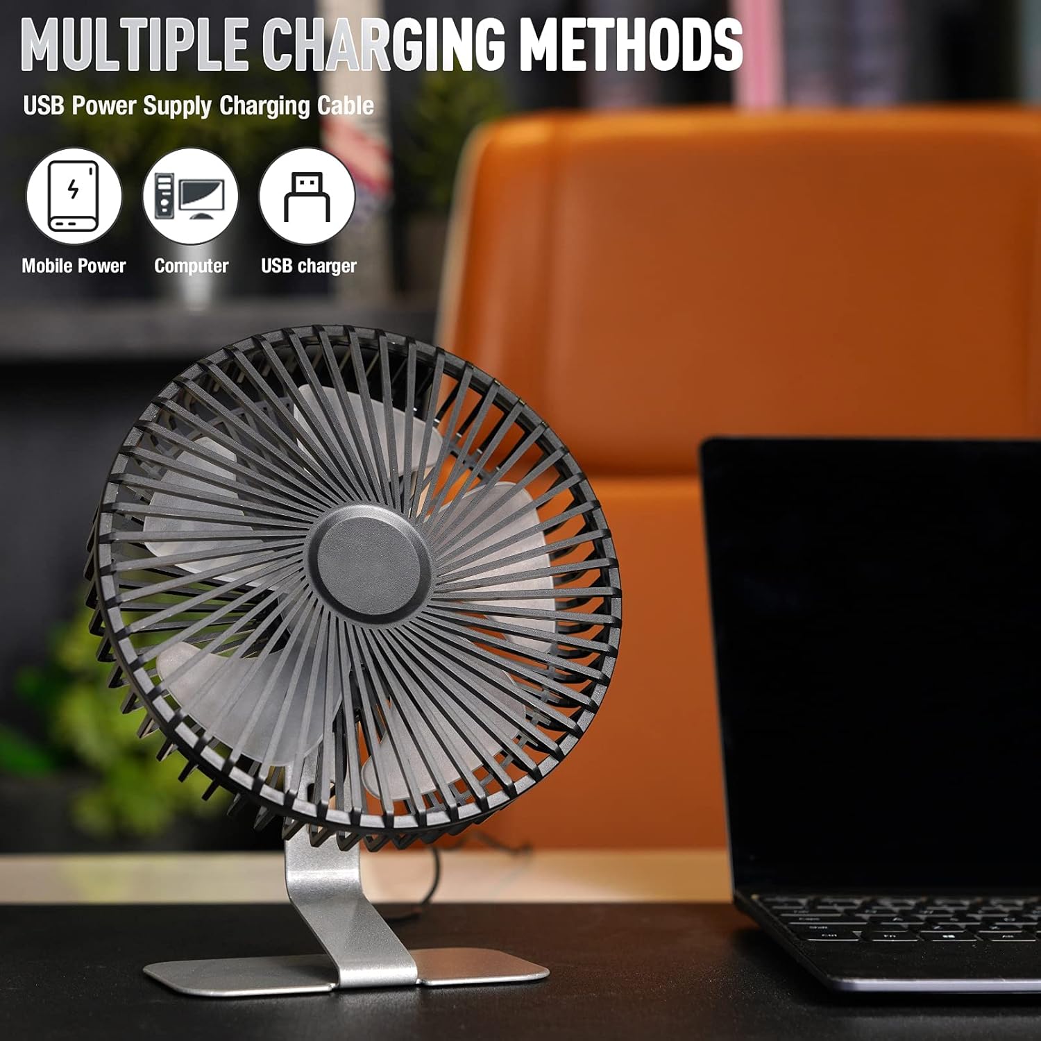 SLENPET 6-inch USB Desk Fan connected to a laptop via USB, illustrating multiple charging methods.