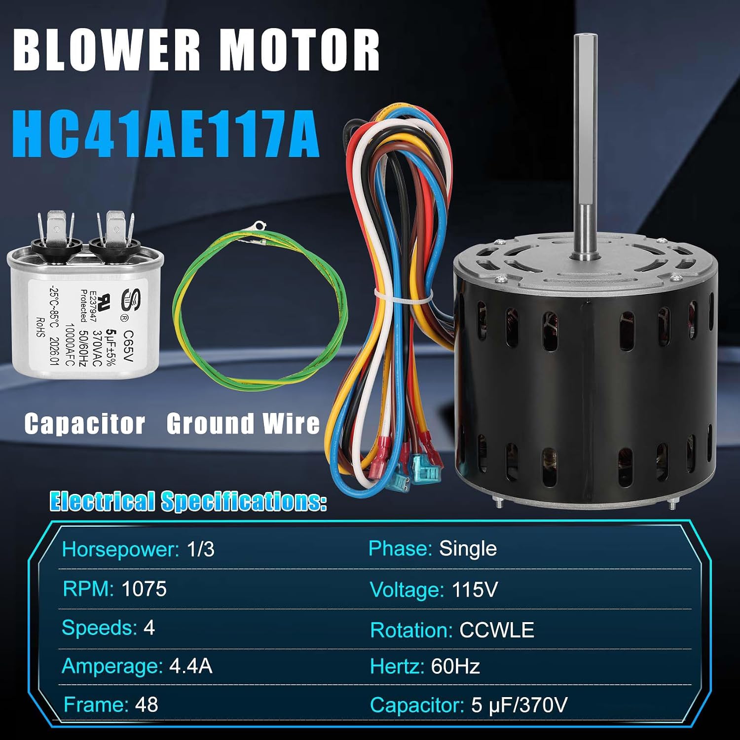 HC41AE117 Furnace Blower Motor 1/3HP 1075RPM 115V 4 Speed with 5μF Capacitor Fits for Carrier Bryant Payne GE Blower Fan Motor 45117 5KCP39GGS336S HC41AE117A HC41AE115 HC41SE122