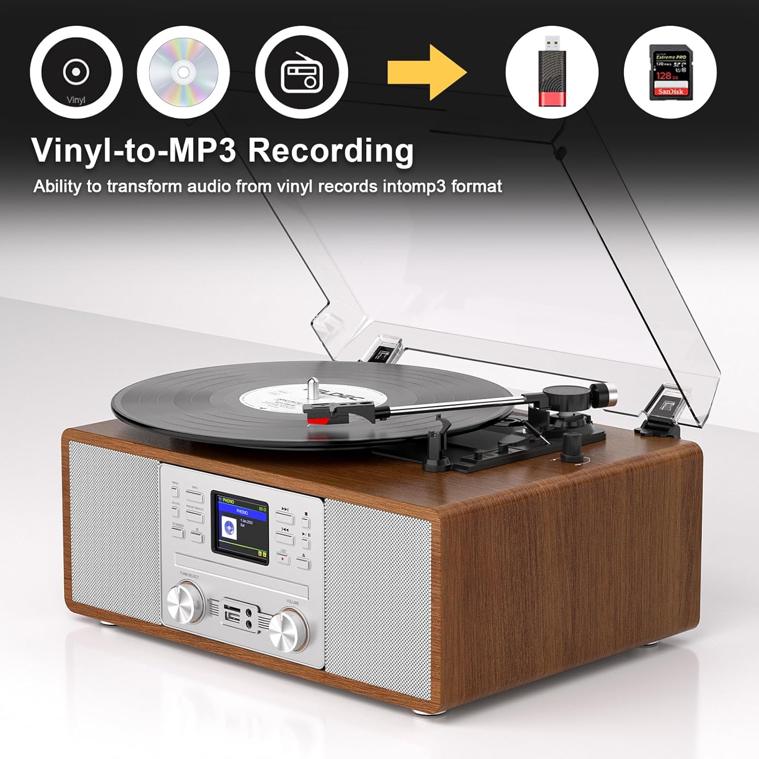 10-in-1 Retro Bluetooth Record Player with Built-in Stereo Speakers | Wireless 3-Speed Turntable for Vinyl, CD, MP3, USB/SD, Internet Radio | Headphone Jack & MP3 Recording | Vintage Multimedia Center