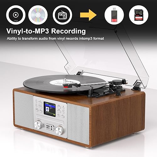 Miniatura 6 de Tocadiscos Bluetooth retro 10 en 1 con altavoces estéreo integrados, tocadiscos inalámbricos de 3 velocidades para vinilo, CD, MP3, USBSD, radio por