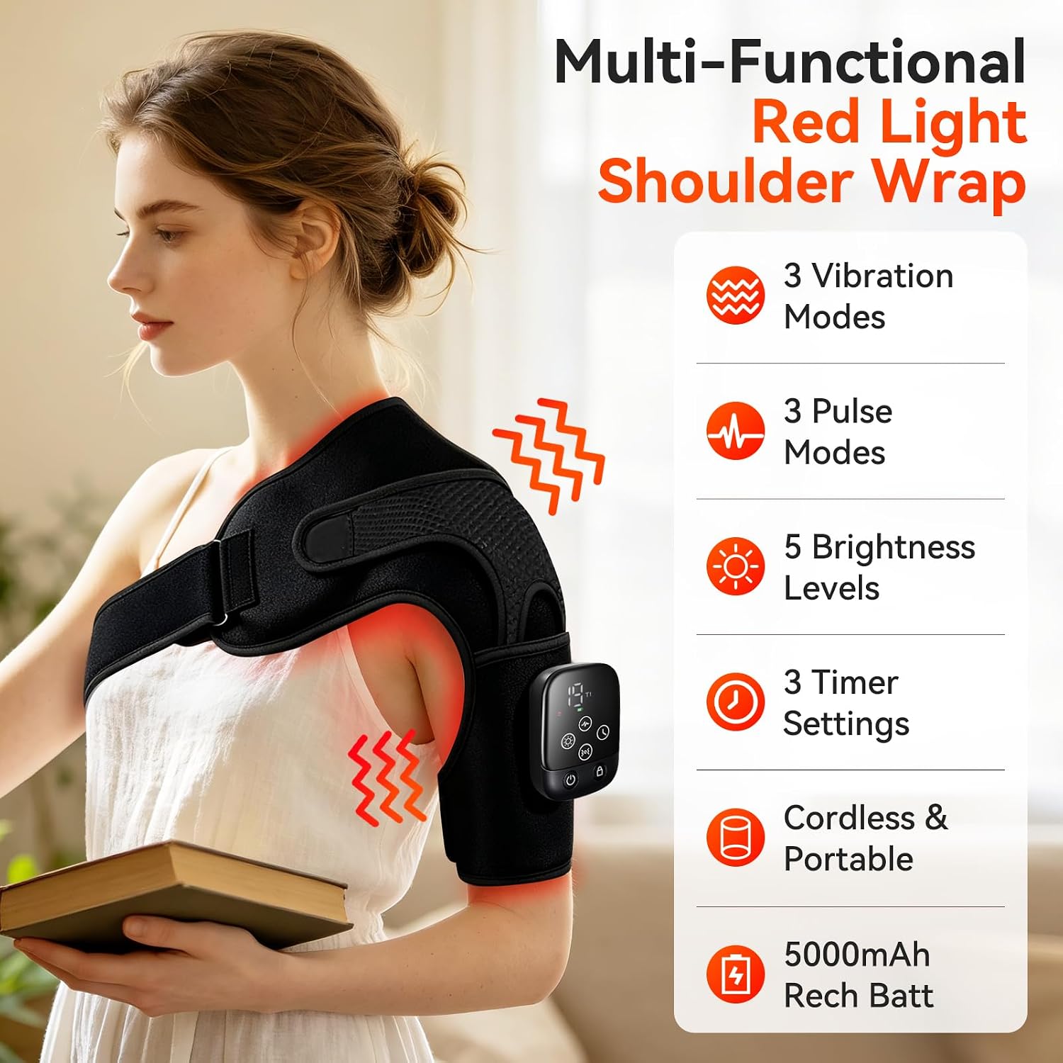 Cordless Red Light Therapy for Shoulder with Massage, 5000mAh Portable Red Light Shoulder Therapy Wrap with 114 LEDs, Near-Infrared Shoulder Brace with Heat, Vibration Massager & Pulse for Men Women