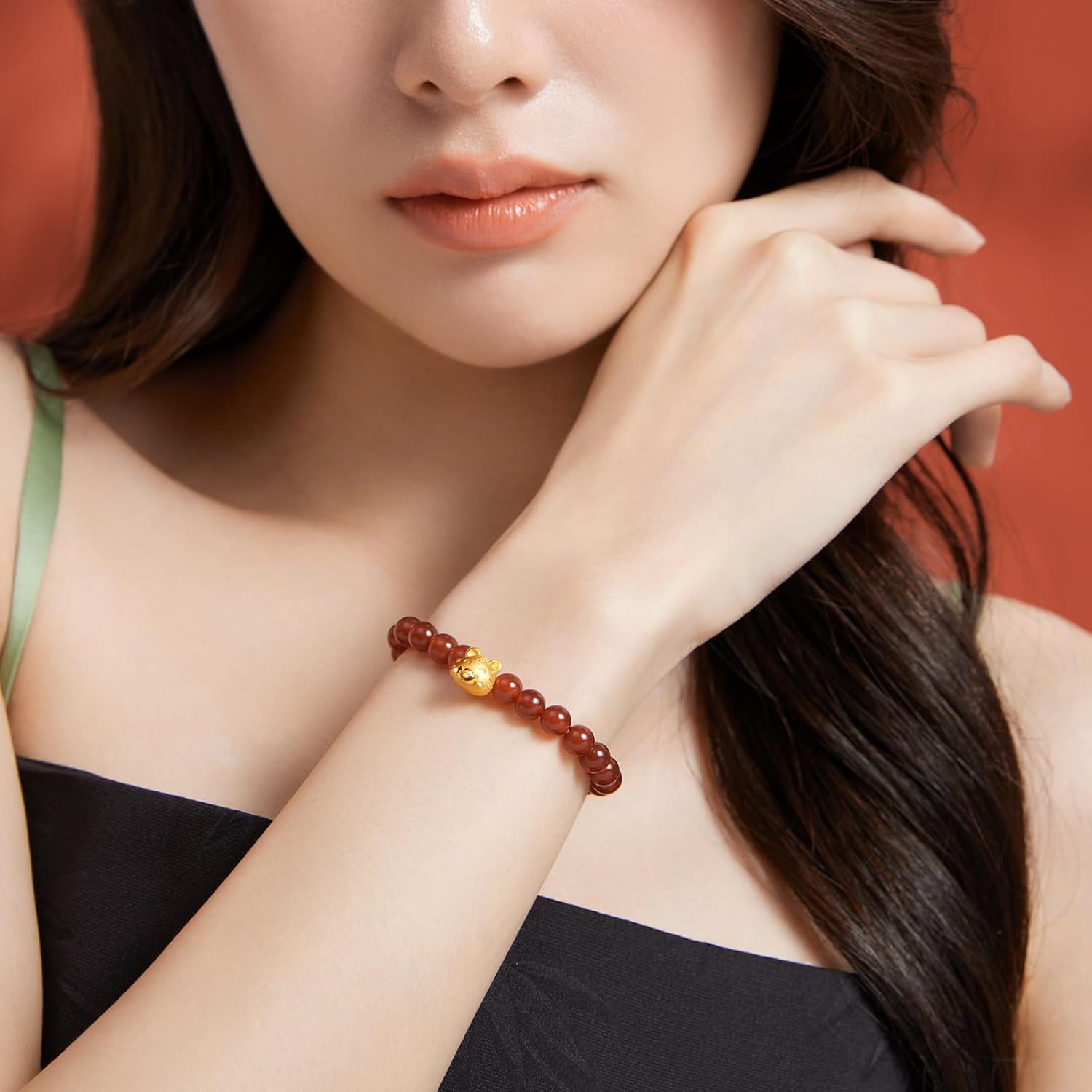 ZHOU LIU FU 24K Solid Gold Bracelets for Women, Stretchable Lucky Animals Real Gold Rabbit Bangle Charm Bracelets, Pure Gold Agate Beaded Zodiac Bunny Bracelet